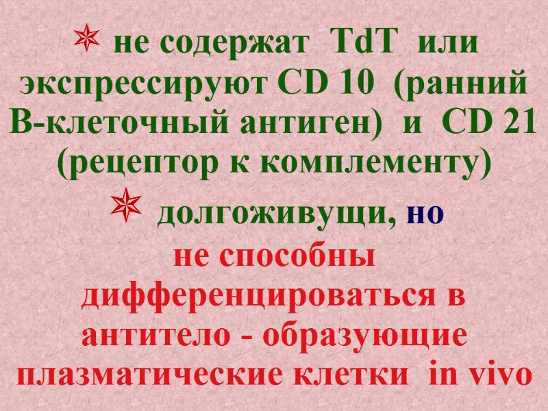  не содержат  TdT  или  экспрессируют CD 10  (ранний В-клеточный